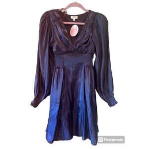 Umgee Navy Satin V-Neck Lined Cuffed Sleeve Dress - Small